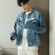 Load image into Gallery viewer, Sicilian men&#39;s blue ripped denim jacket male Korean version of the trend loose lapel men&#39;s casual spring and autumn jacket
