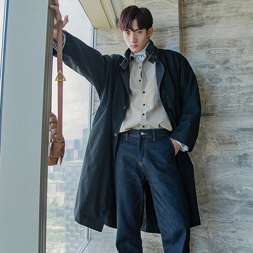 Sicilian men's jacket men's Korean style trend all-match men's denim stitching over the knee mid-length windbreaker