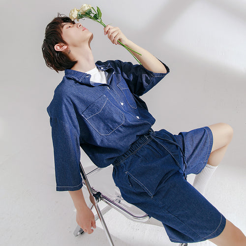 Sicilian Men's Thin Denim Shirt Men's Short Sleeve Loose Shorts Men's Youth Handsome Summer Casual Suit