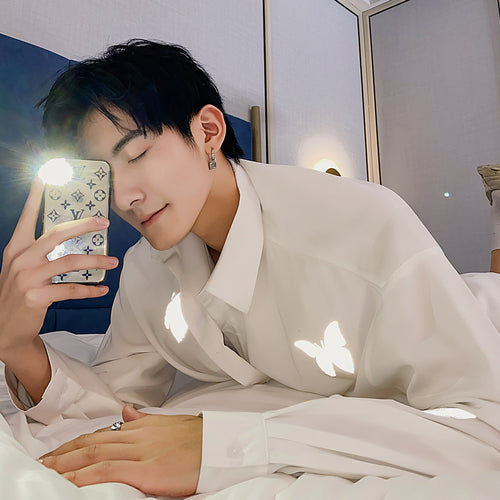 Sicilian Men's Reflective Printed White Shirt Men's Korean Trend Loose Men's Thin White Shirt Jacket