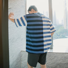 Load image into Gallery viewer, Sicilian men&#39;s summer Hong Kong style short-sleeved men&#39;s tide brand trend loose five-point sleeve men&#39;s stitching striped t-shirt
