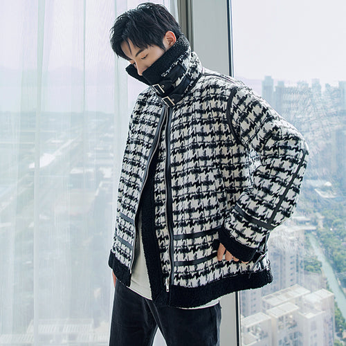 【Take a 40% off straight down】The new houndstooth Korean shirt loose young handsome winter stand-collar jacket