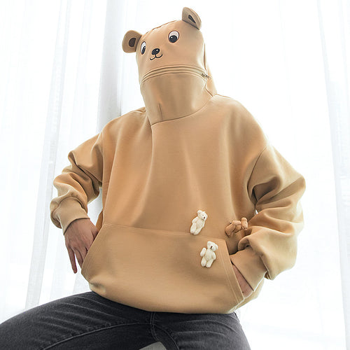Sicilian men's cute bear head zipper hat long sleeve trend casual loose lazy style sweater men's hood