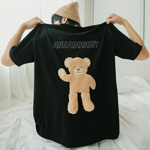 Sicilian men's summer flocking bear T-shirt men's short-sleeved trend letter embroidery loose casual t-shirt top