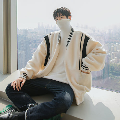 Sicilian men's winter fleece baseball jacket jacket color matching loose college style lamb wool jacket