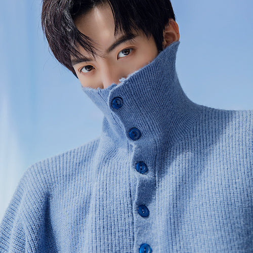 Sicilian men's winter new high-neck pullover sweater men's decorative buckle loose handsome solid color casual sweater