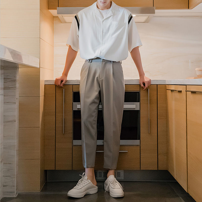 Sicilian men's summer solid color suit pants male Korean version of the trend loose straight men's nine-point casual trousers