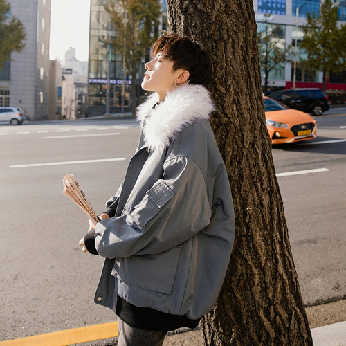 【Spot quick delivery】Fur collar hooded cotton coat men's loose thicker haze blue coat men's winter