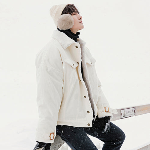 【Spot quick delivery】White loose casual padded lamb wool coat jacket men autumn and winter