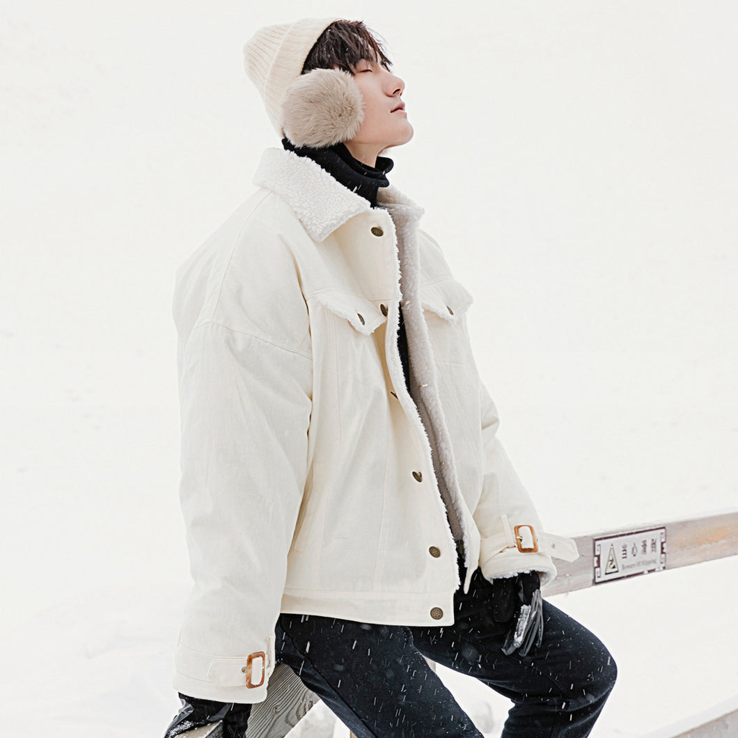 【Spot quick delivery】White loose casual padded lamb wool coat jacket men autumn and winter