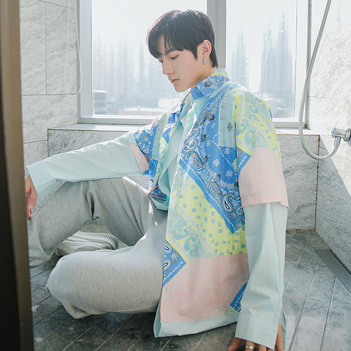 Sicilian men's spring style double-sided fake two-piece shirts men's design sense niche loose stitching flower shirt jacket