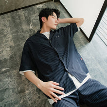 Load image into Gallery viewer, Striped short-sleeved shirt shorts two-piece loose men&#39;s trend casual suit men

