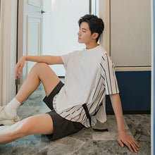 Load image into Gallery viewer, Sicilian men&#39;s clothing Hong Kong style short-sleeved men&#39;s trend loose white men&#39;s design sense striped stitching fake two-piece t-shirt
