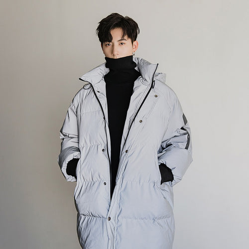 Sicilian men's winter loose mid-length reflective hooded cotton-padded jacket Korean version of the trend of men's casual jacket men