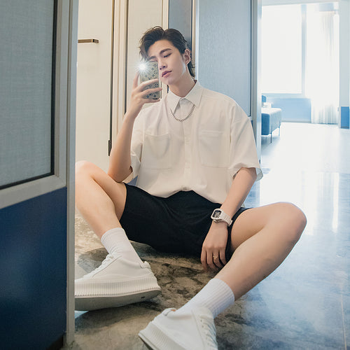 Sicilian men's summer thin white short-sleeved shirt male Korean version of the trend loose men's five-point sleeve white shirt