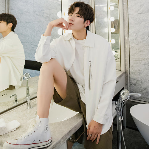 Sicilian men's spring black long-sleeved shirt men's Korean version of the trend loose men's casual white shirt jacket