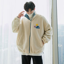Load image into Gallery viewer, Sicilian men&#39;s winter new style double-sided stand-up collar cotton-padded jacket with embroidery smiling face thickening warm lamb velvet jacket for men
