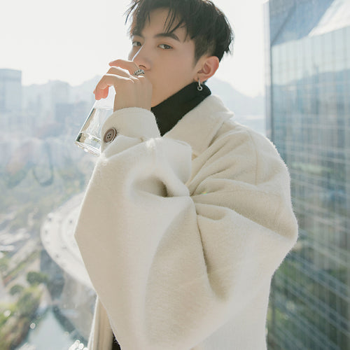 Sicilian men's autumn and winter loose short woolen coat men's handsome white woolen coat men's Korean version of the trend