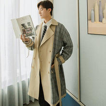 Load image into Gallery viewer, Sicilian men&#39;s autumn plaid stitching jacket men&#39;s Korean style trendy handsome men&#39;s knee-length windbreaker
