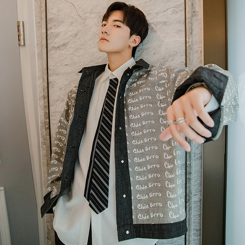 Sicilian men's autumn design sense of both sides wear denim jacket male Korean version of the trend letter men's printed jacket