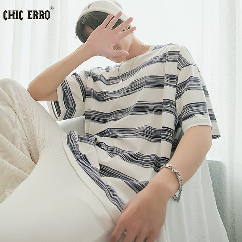 Sicilian men's round neck hit color short-sleeved t-shirt men's summer thin casual trendy men's loose striped t-shirt