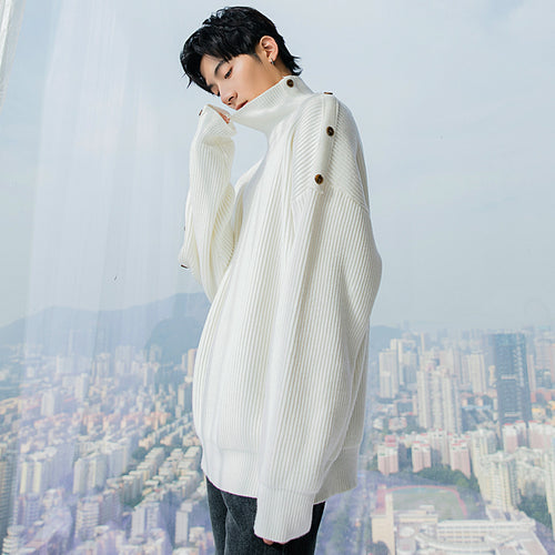 Sicilian men's winter new turtleneck sweater design sense decorative buckle trend loose handsome men's sweater