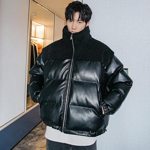 Sicilian men's winter new thick cotton-padded jacket contrast stitching leather jacket men's loose trend handsome stand-up collar jacket