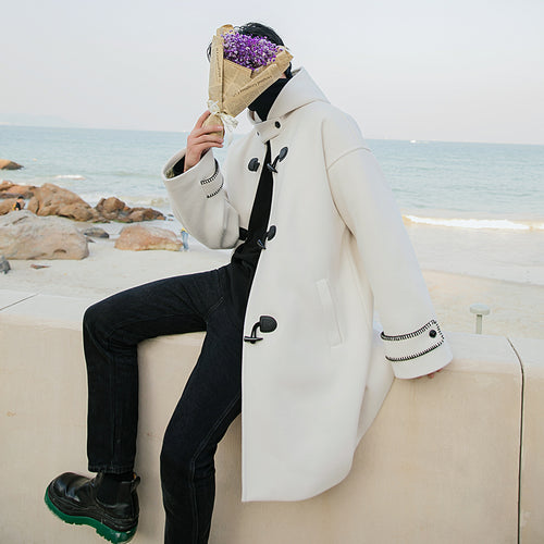 Sicilian men's winter new mid-length horn buckle woolen coat men's Korean loose thick hooded jacket