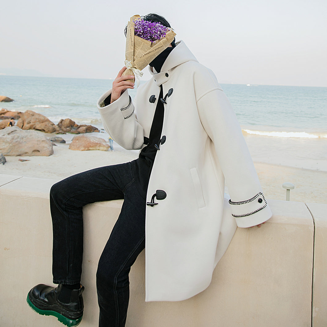 Sicilian men's winter new mid-length horn buckle woolen coat men's Korean loose thick hooded jacket