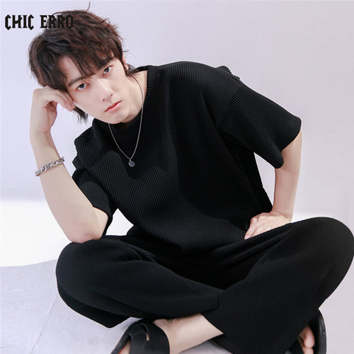Sicilian men's knitted short-sleeved t-shirt men's summer thin loose casual ins men's simple striped t-shirt