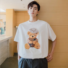 Load image into Gallery viewer, Sicilian men&#39;s summer Hong Kong style short-sleeved men&#39;s tide brand trend loose half-sleeved boys white bear print t-shirt
