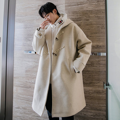 Sicilian men's winter new mid-length horn buckle woolen coat loose handsome casual hooded jacket men 4495150820544 4495150820546 4495150820547