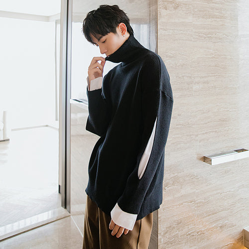 Sicilian men's winter new fake two-piece turtleneck sweater design sense of hole loose and handsome men's sweater
