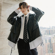 Load image into Gallery viewer, Sicilian men&#39;s autumn stitching fake two-piece black jacket male Korean version of the trend loose men&#39;s handsome leather jacket
