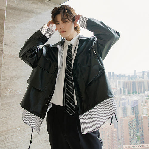 Sicilian men's autumn stitching fake two-piece black jacket male Korean version of the trend loose men's handsome leather jacket