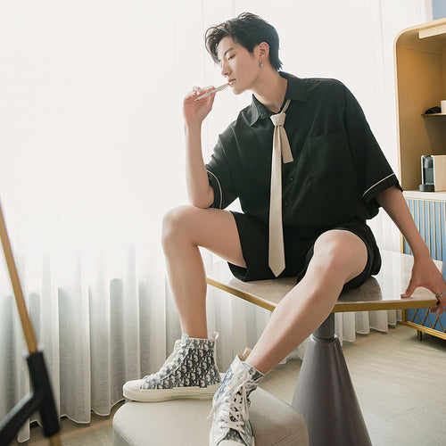 Sicilian men's summer college style tie shirt male Korean style trend five-point sleeve loose men's short-sleeved shirt