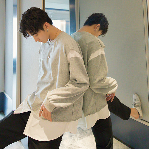 Sicilian men's autumn loose-fitting men's jacket Korean style stitching fake two-piece round neck sweater men's trend