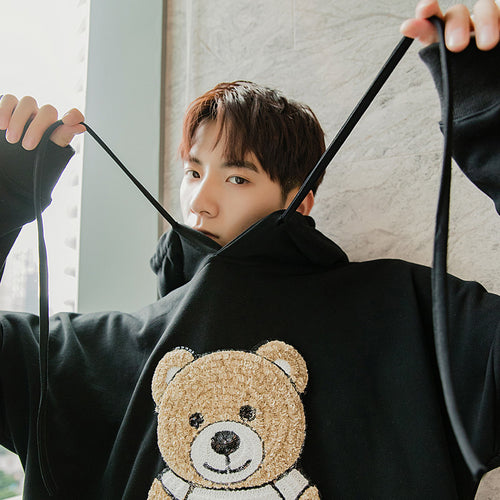 Sicilian men's autumn Korean style tops for boys loose casual embroidery white bear hooded sweater men's trend