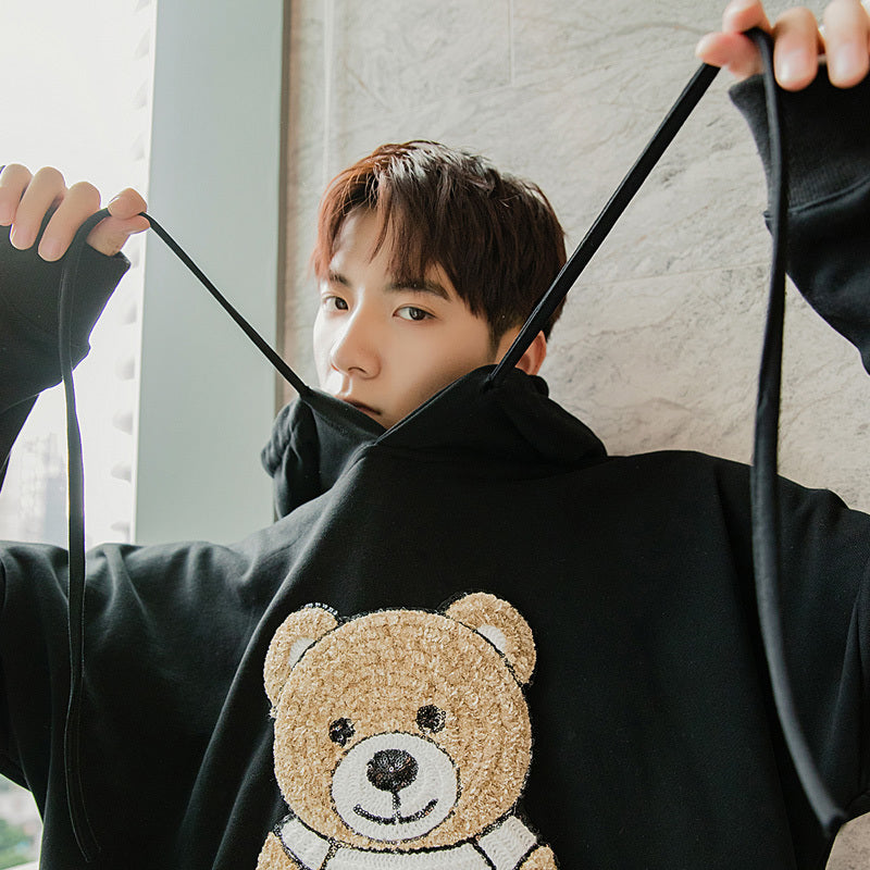 Sicilian men's autumn Korean style tops for boys loose casual embroidery white bear hooded sweater men's trend