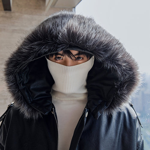 【Take a 40% off straight down】Men's fur collar hooded leather jacket Korean style trend loose handsome youth jacket