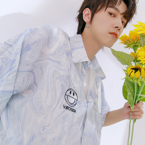 Sicilian men's smiling face ruffian handsome flower shirt men's lazy summer casual tie-dye shirt men's short-sleeved shirt