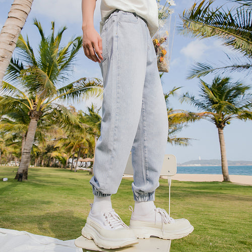 Sicilian men's light-colored jeans men's 2021 new loose and versatile casual trendy brand nine-point beam pants