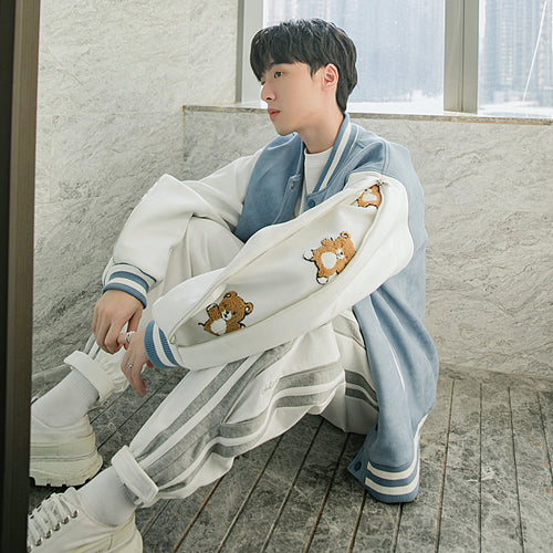 Sicilian men's spring new cute bear flocking baseball uniform contrast stitching long-sleeved loose jacket jacket