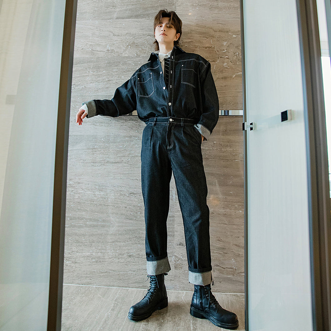 Sicilian men's fashion brand denim jacket straight jeans two-piece suit men's Korean casual suit male handsome