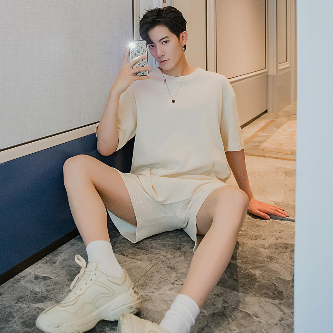 Sicilian men's summer thin knit short-sleeved t-shirt shorts two-piece men's loose casual suit men
