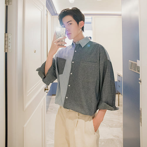 Sicilian men's summer color matching stitching shirt men's Korean version of loose men's three-quarter sleeve thin shirt jacket