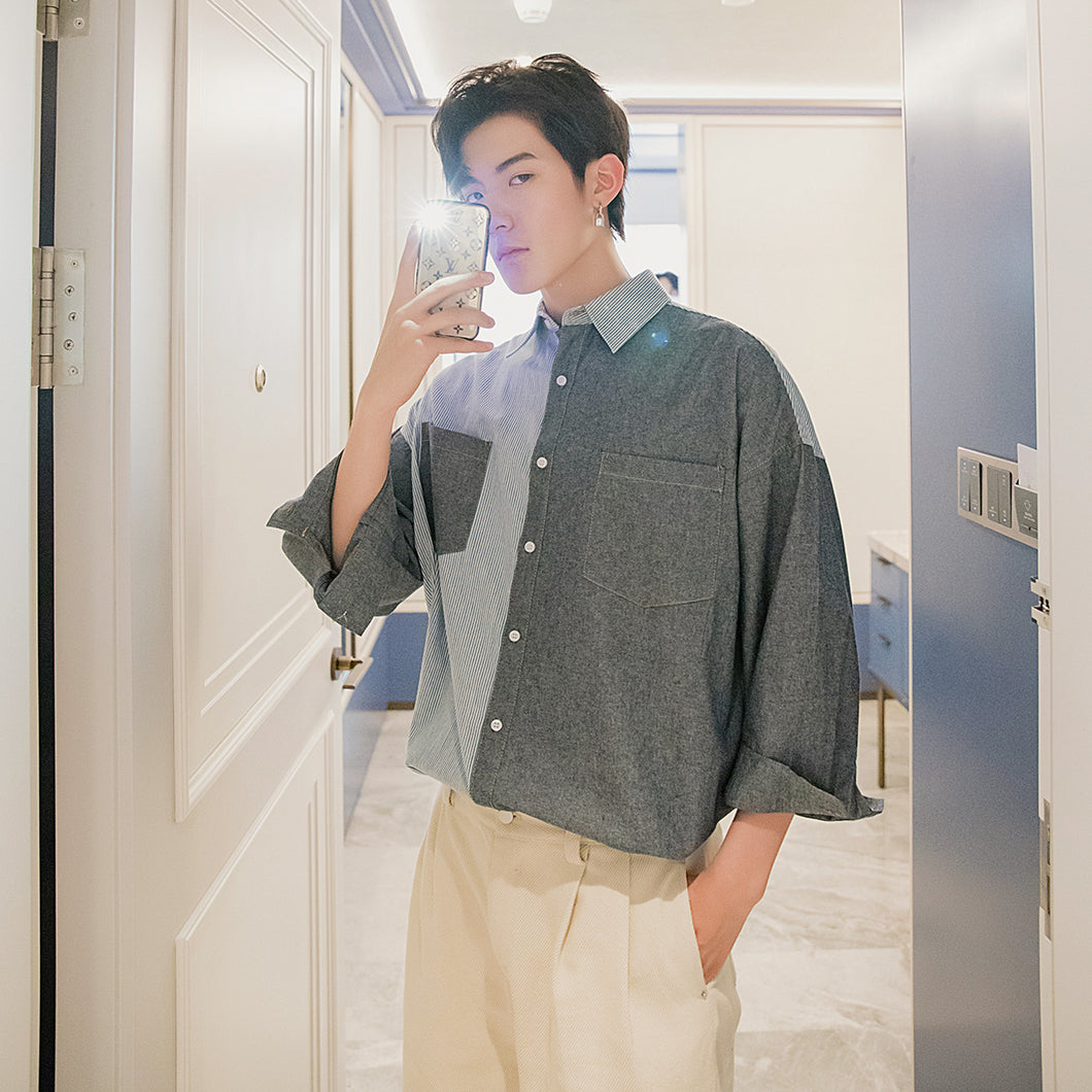 Sicilian men's summer color matching stitching shirt men's Korean version of loose men's three-quarter sleeve thin shirt jacket