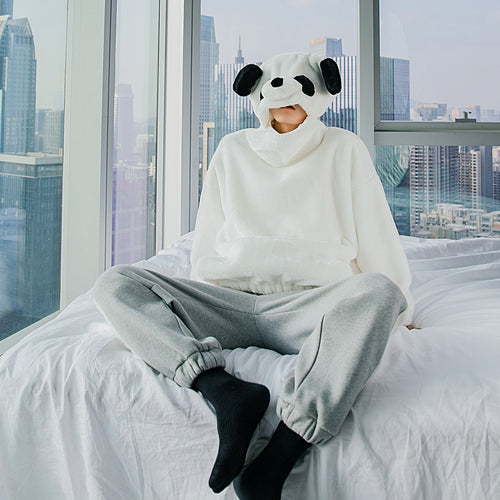 Sicilian men's winter new thick rabbit velvet hooded sweater fun panda hat cute casual loose top