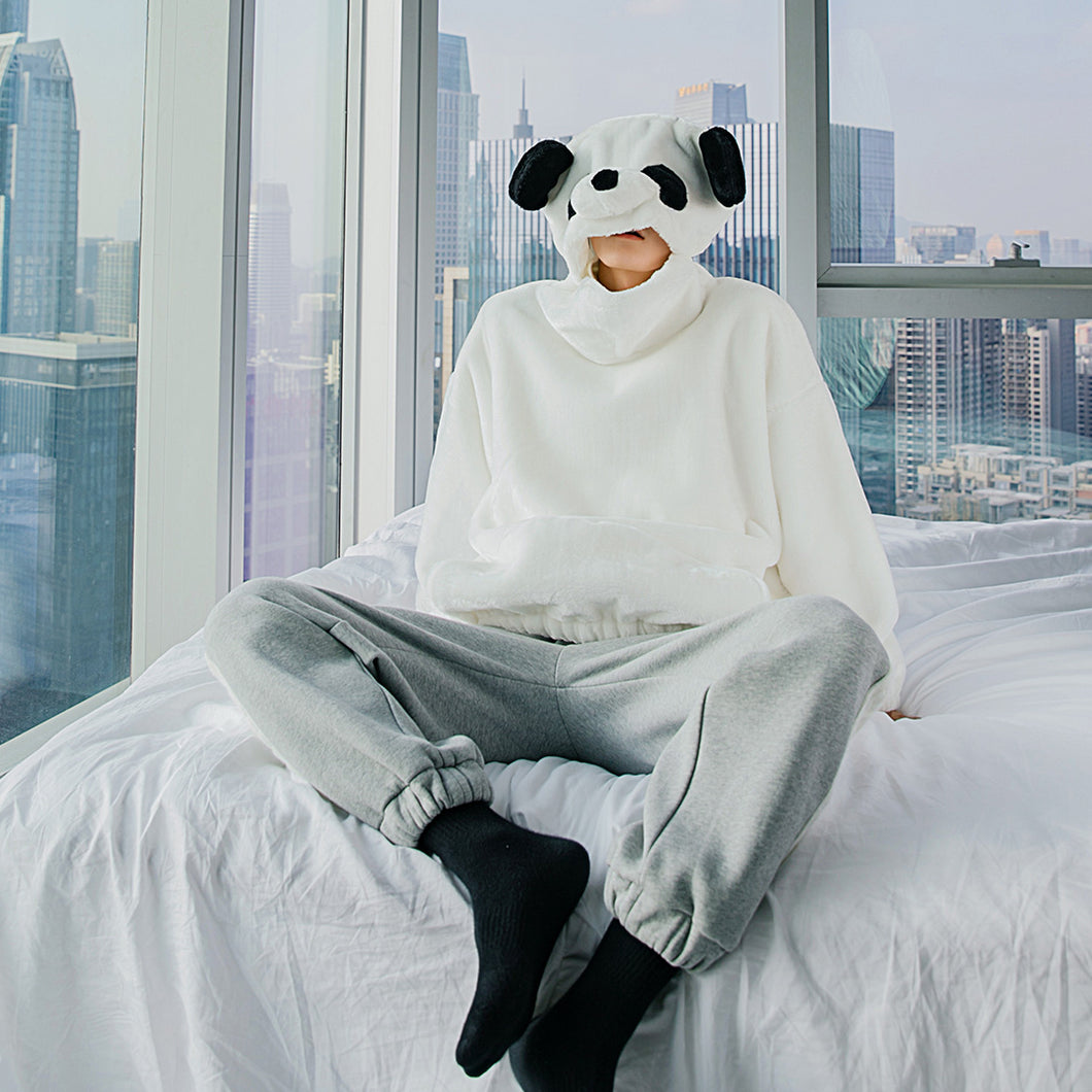 Sicilian men's winter new thick rabbit velvet hooded sweater fun panda hat cute casual loose top
