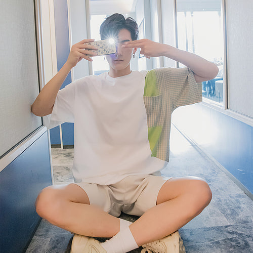 Sicilian men's clothing Hong Kong style stitching short-sleeved men's tide brand trend loose half-sleeved boys design sense white t-shirt